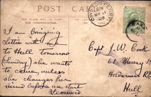 Back of group postcard, Owston Ferry, Lincs